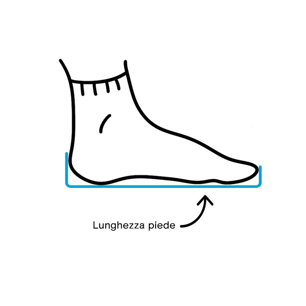 Guida ai numeri di scarpe che mostra la lunghezza del piede con le linee di misurazione.