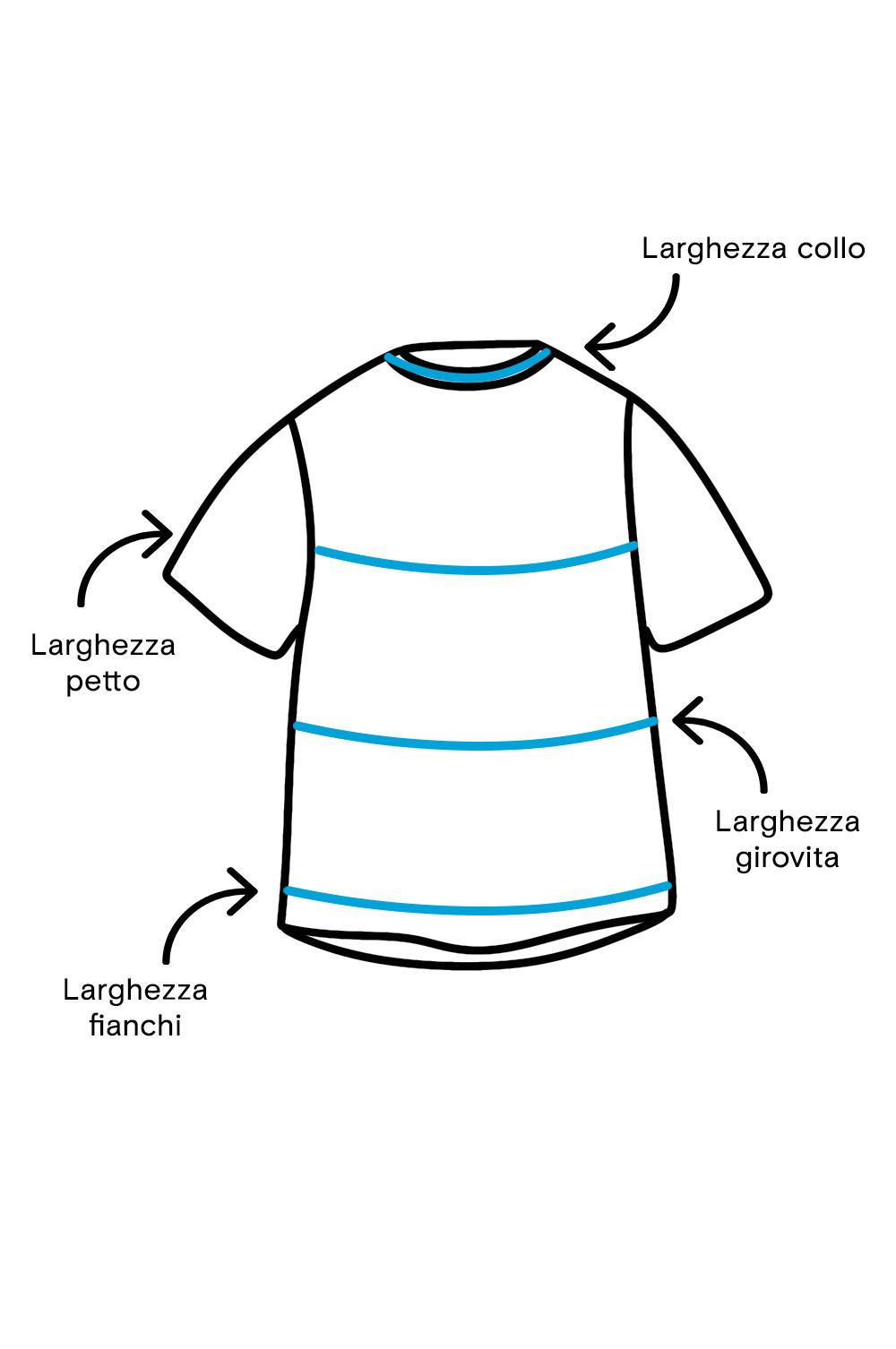 Guida alla misurazione di una maglietta che mostra i punti di ampiezza di collo, petto, girovita e fianchi con linee di misurazione.