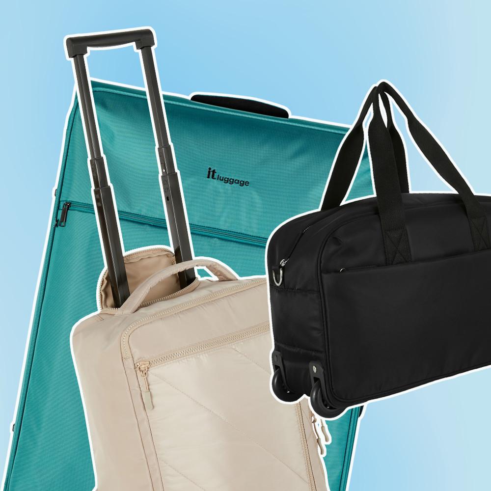 Three different styles of luggage, including a large green fabric suitcase, small cream fabric suitcase and a black hand luggage bag with wheels.