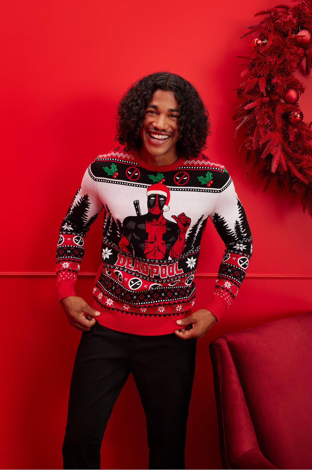 Model wears Deadpool Christmas jumper