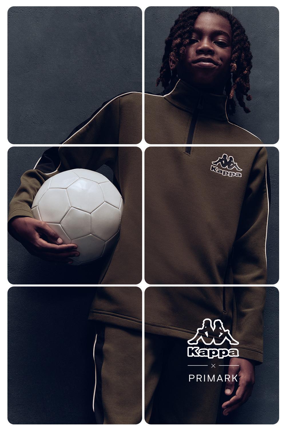 Collage di una tuta sportiva Kappa marrone con una persona che tiene in mano un pallone da calcio bianco.