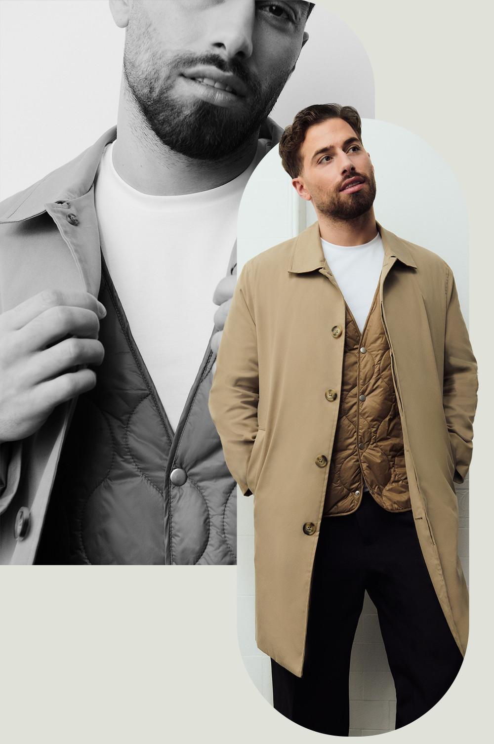 Kem wearing a beige mac, white t-shirt, black trousers and under jacket
