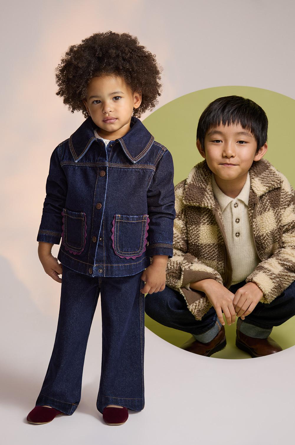 Children's fashion featuring denim outfit with decorative pockets and a cosy sherpa jacket with polo shirt.