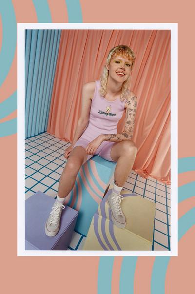 Model wears Looney Tunes seamless set, socks and high tops