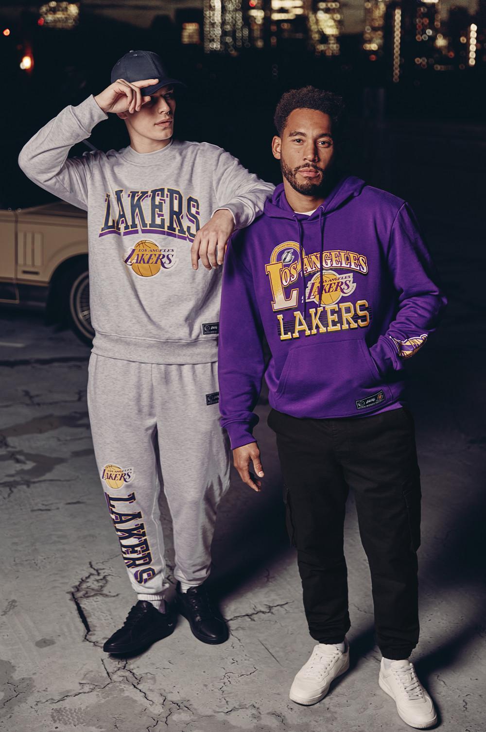 Models wear Lakers hoodie and tracksuit