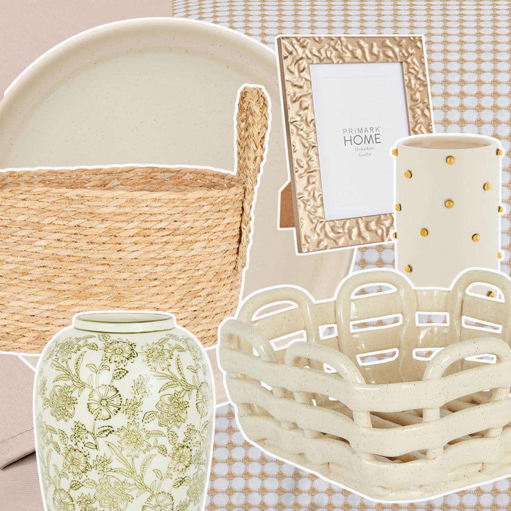 Collection of Primark Home decor items including woven basket, floral vase, gold photo frame and ceramic accessories in neutral tones.