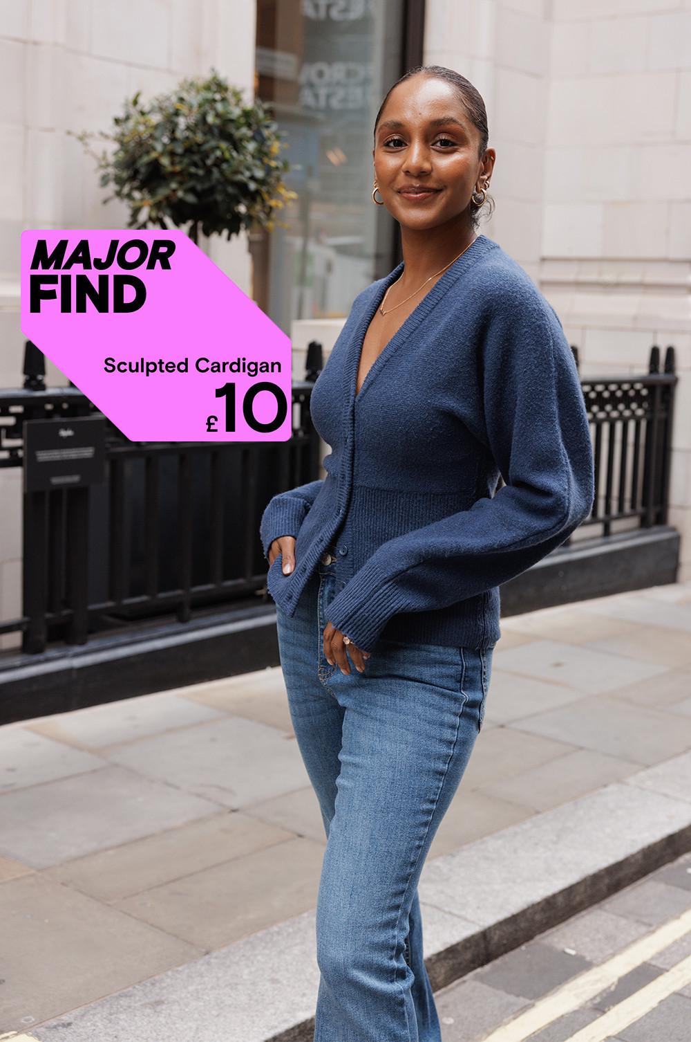 Blue sculpted cardigan paired with denim jeans, featured as a "MAJOR FIND" promotion for £10.