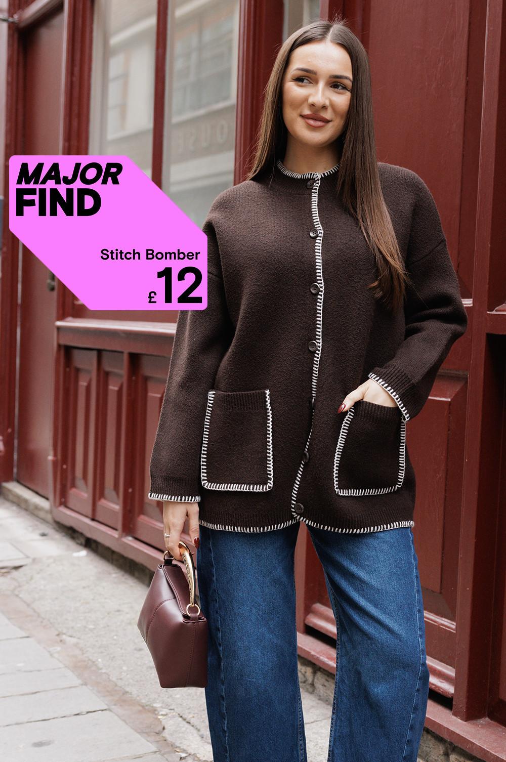 Brown stitch bomber jacket with white trim details and front pockets, priced at £12, shown with jeans and handbag.