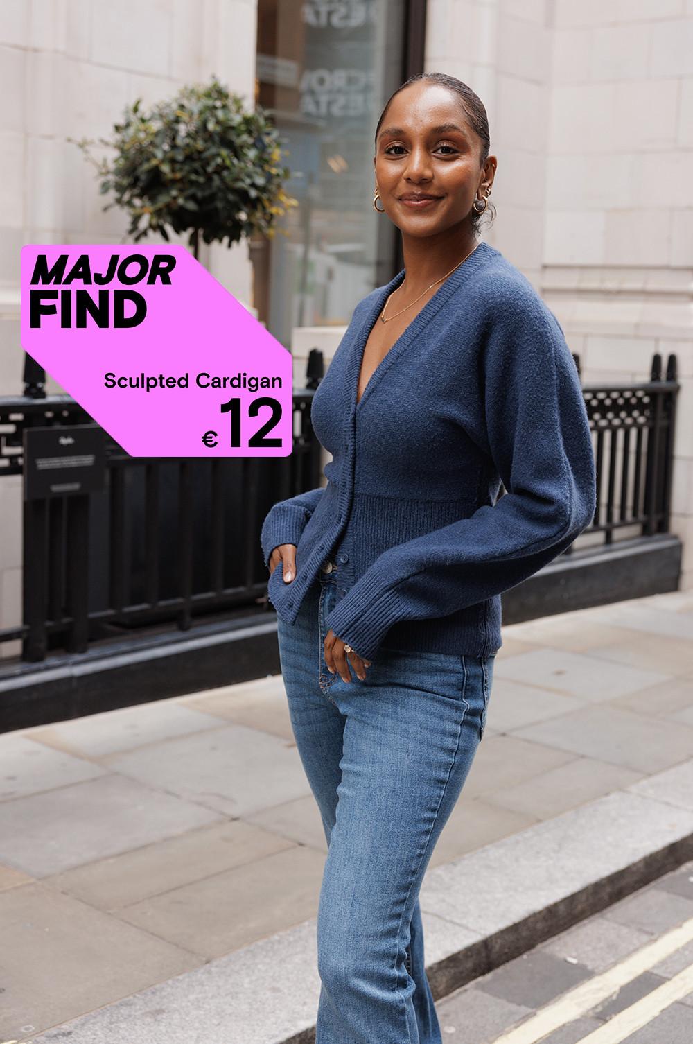 Blue sculpted cardigan paired with denim jeans, featured as a "MAJOR FIND" promotion for £10.