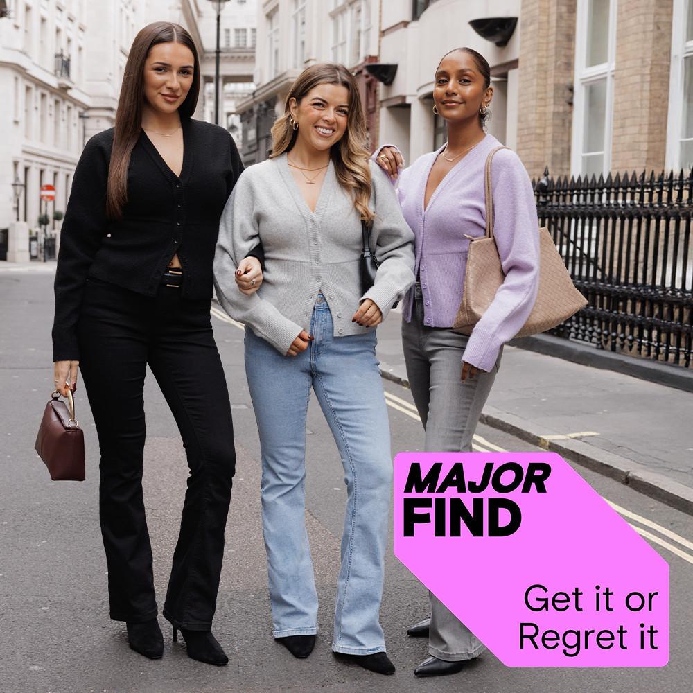 Three friends wearing stylish cardigans in black, grey and lilac on a city street with "MAJOR FIND" text overlay.