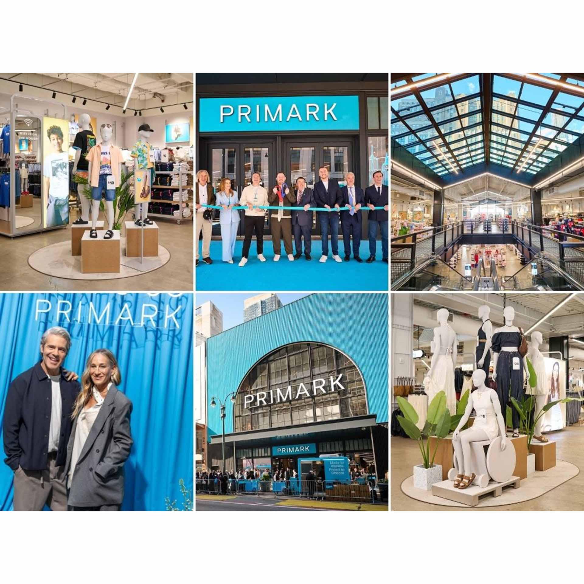 Primark opening collage: exterior banner, mannequins, skylight, ribbon-cutting ceremony.
