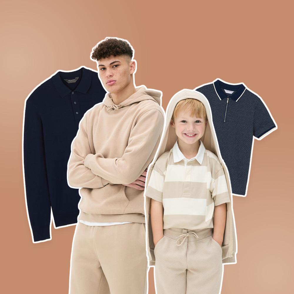 Collection de vêtements décontractés, dont un ensemble sweat à capuche beige, un polo rayé et des polos bleu marine en tailles adulte et enfant.