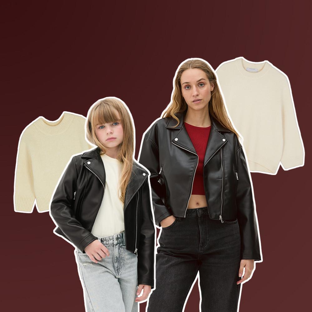 Two models wearing matching black leather biker jackets with cream jumpers displayed behind them.