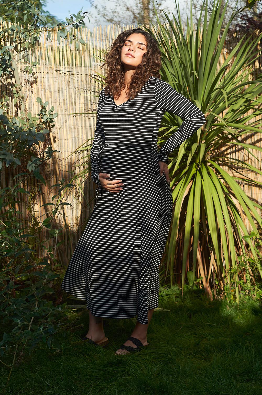 model wears wrap around grey maternity dress
