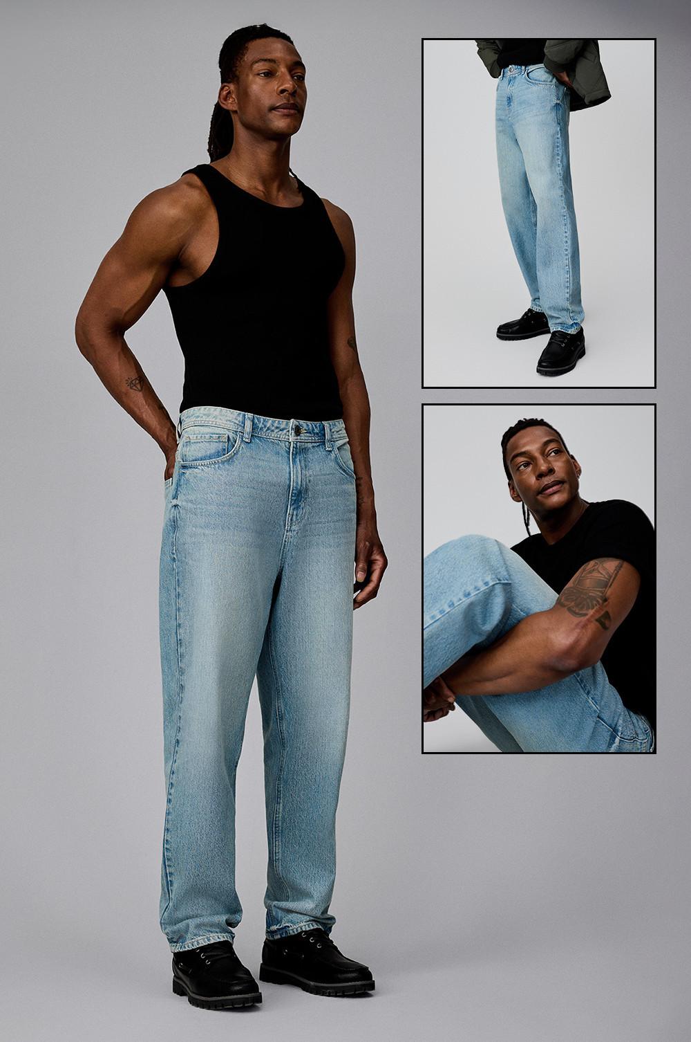 Différentes photos d'un mannequin portant un débardeur noir sur un jean décontracté droit clair avec des bottines noires.