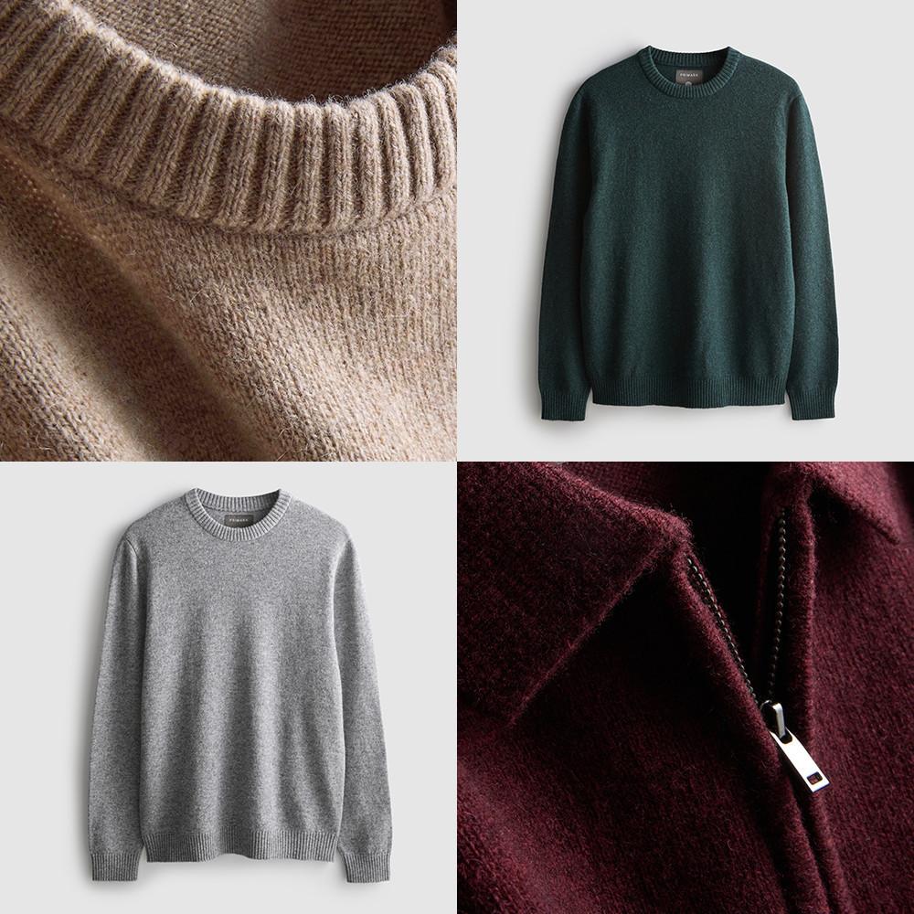 Strickkollektion mit grünen und grauen Pullovern, Nahaufnahme von geripptem Kragen und burgunderrotem Stoff mit Reißverschluss.