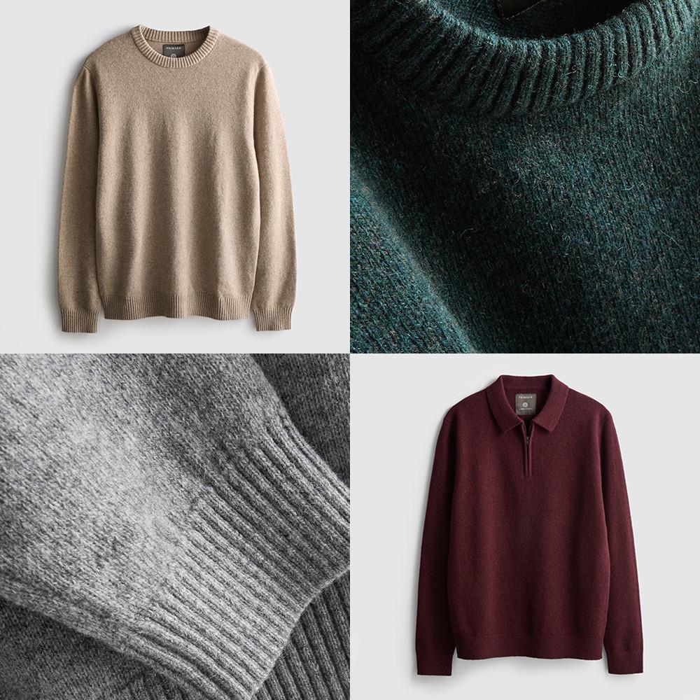 Collection of wool jumpers in different styles and colours, including beige crewneck, green, grey and burgundy polo neck designs.