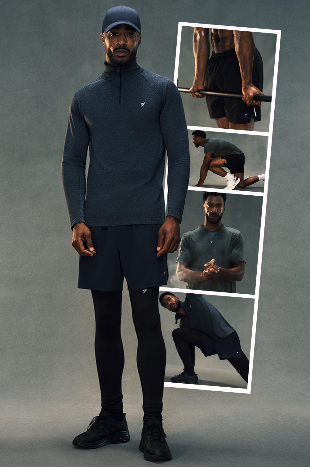 Athletic wear collection featuring quarter-zip top, shorts and leggings with inset images showing workout positions.