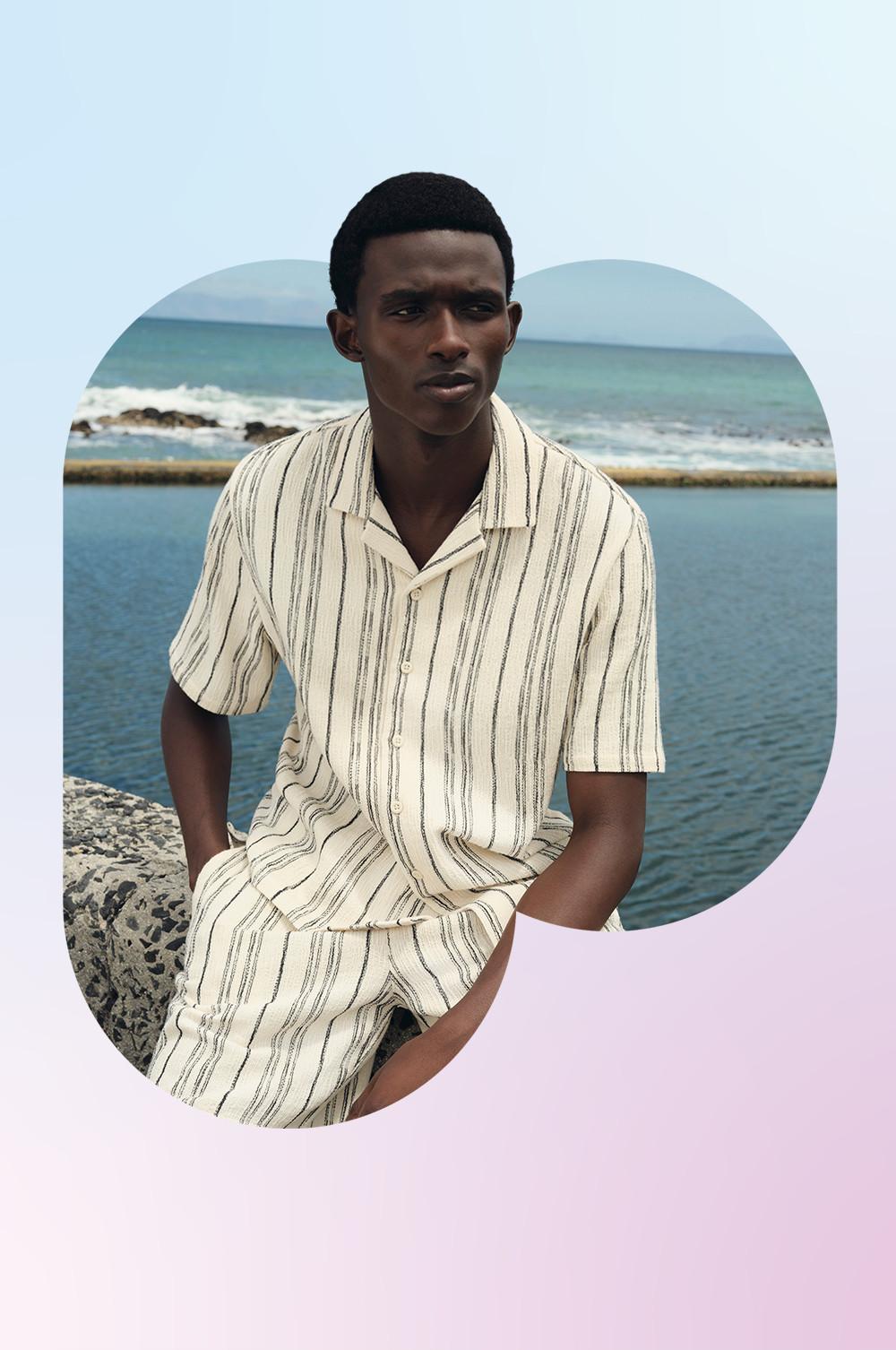 Model wearing a striped shirt and short co-ord