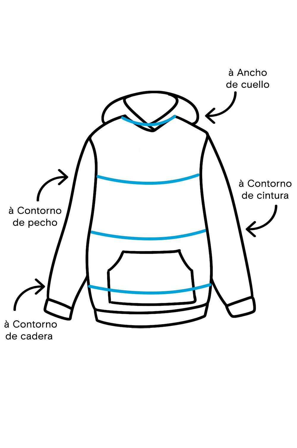 Hoodie measurement guide showing neck, chest, waist and hip width points with measurement lines.