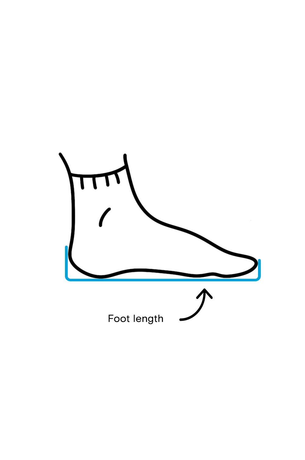 Shoe measurement guide showing foot length point with measurement lines.