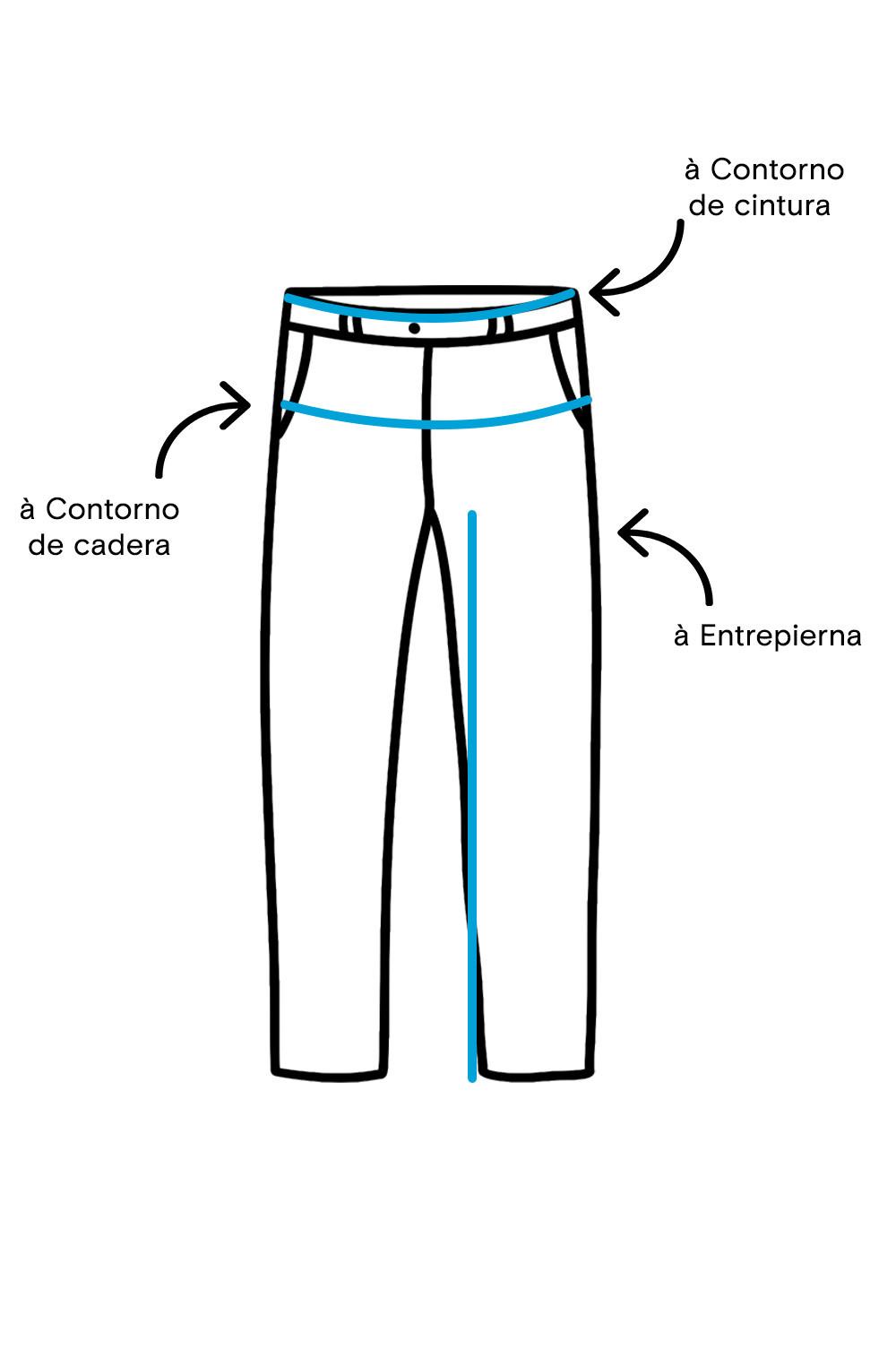 Guía de medición de pantalones que muestra el ancho de la cintura y la cadera, y los puntos de largo de las perneras con líneas de medición.