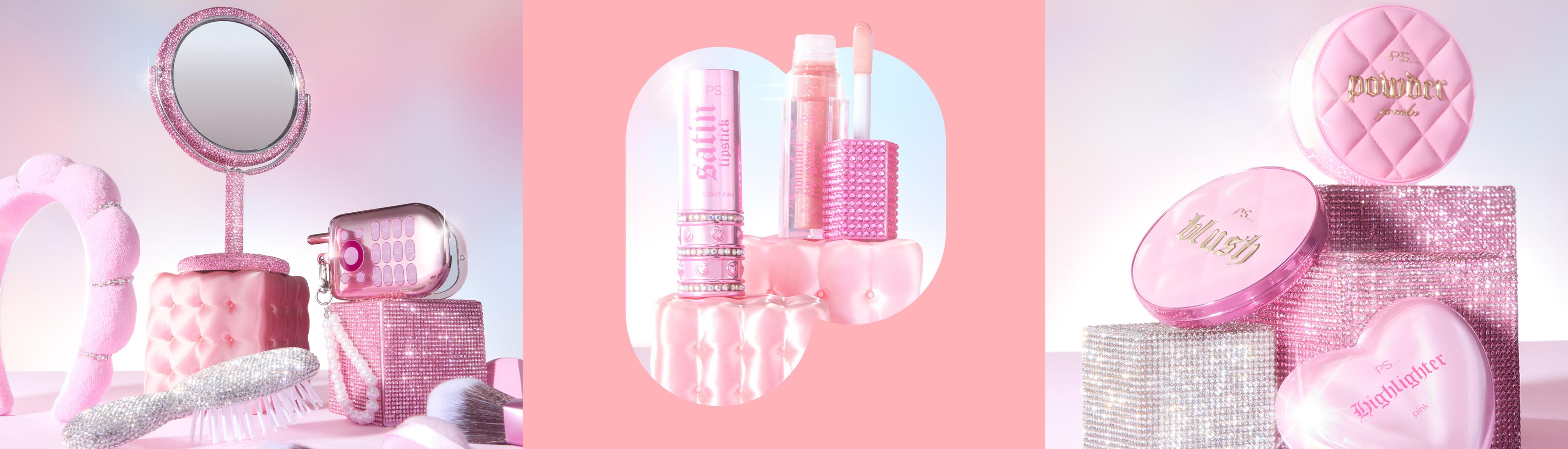 Accesorios de belleza y cuidado personal en tonos rosas, como espejos, cepillos y herramientas para peinar el cabello, dispuestos de forma decorativa.