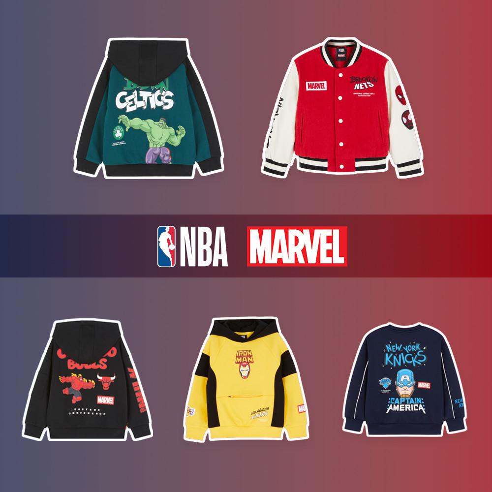 Colección de ropa de la colaboración entre la NBA y Marvel, con una sudadera con capucha de los Celtics y Hulk, una chaqueta universitaria de los Nets, una sudadera con capucha de los Bulls, una sudadera con capucha de Iron Man y una sudadera de los Knicks y Capitán América.