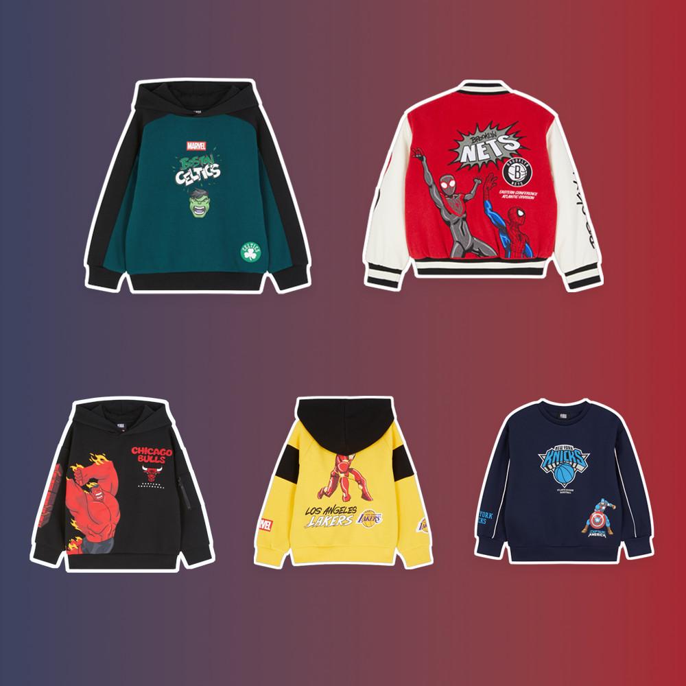 NBA and Marvel collaboration featuring sweatshirts and jackets with superhero-themed team designs for Celtics, Nets, Bulls, Lakers and Knicks.