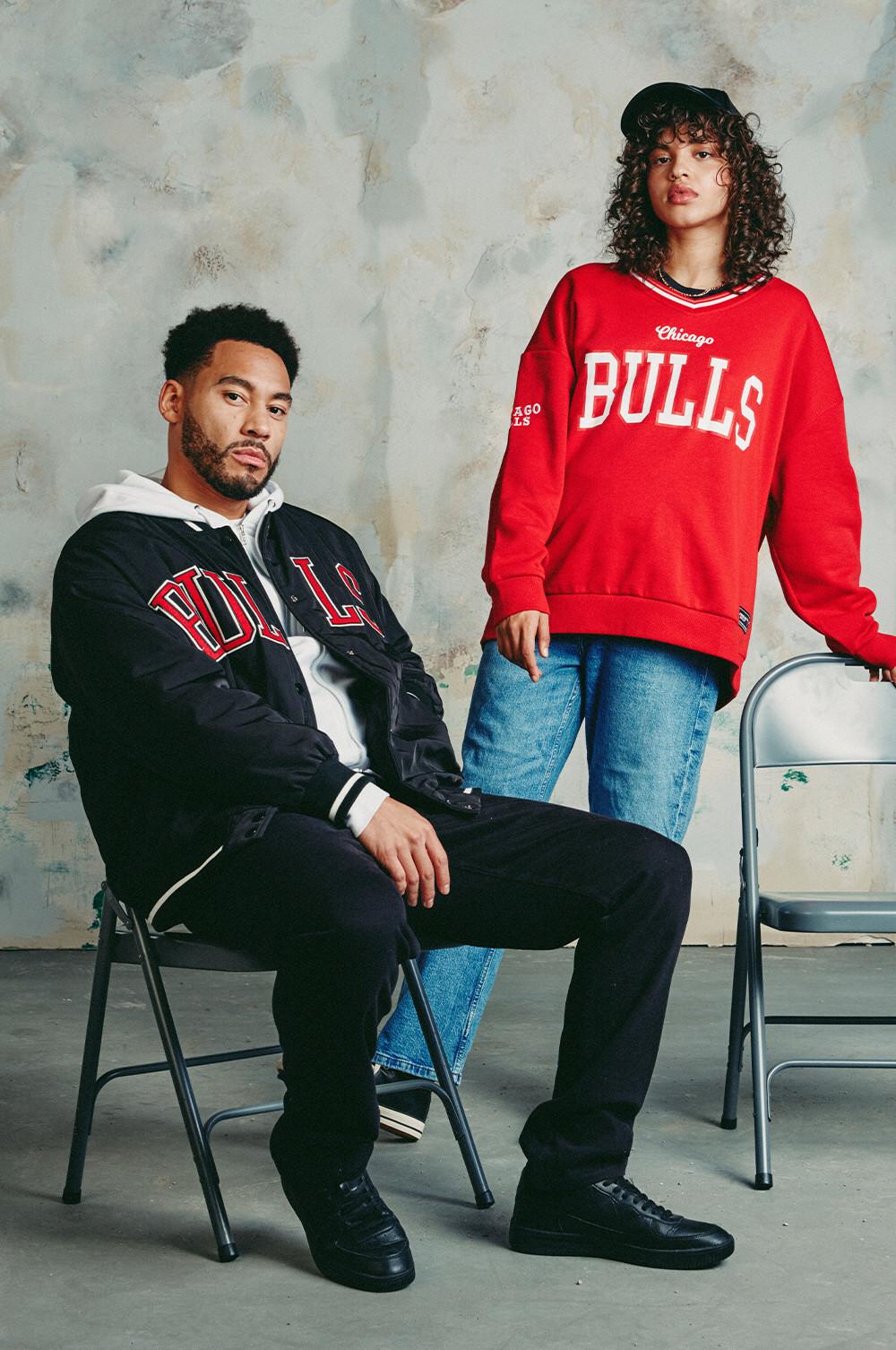 NBA Bulls Bomber Jacket, NBA Bulls Trucker Cap and Chicago Bulls Red Sweatshirt