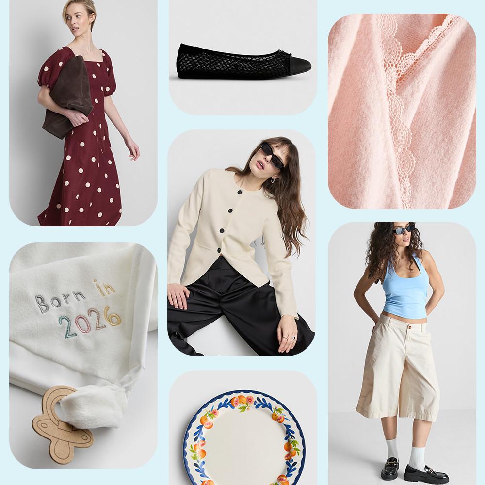Collage of women's fashion items including graphic t-shirt, pink blazer with heart detail, cream camisole, blue dress, cream cardigan, and burgundy buttoned top.