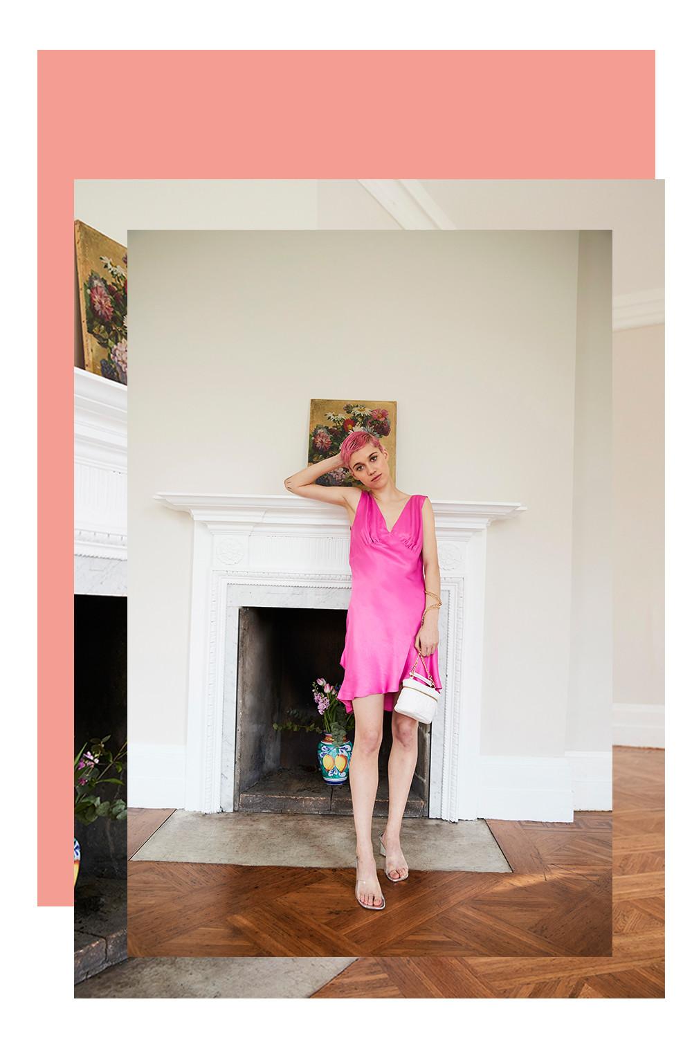 Model wearing pink dress