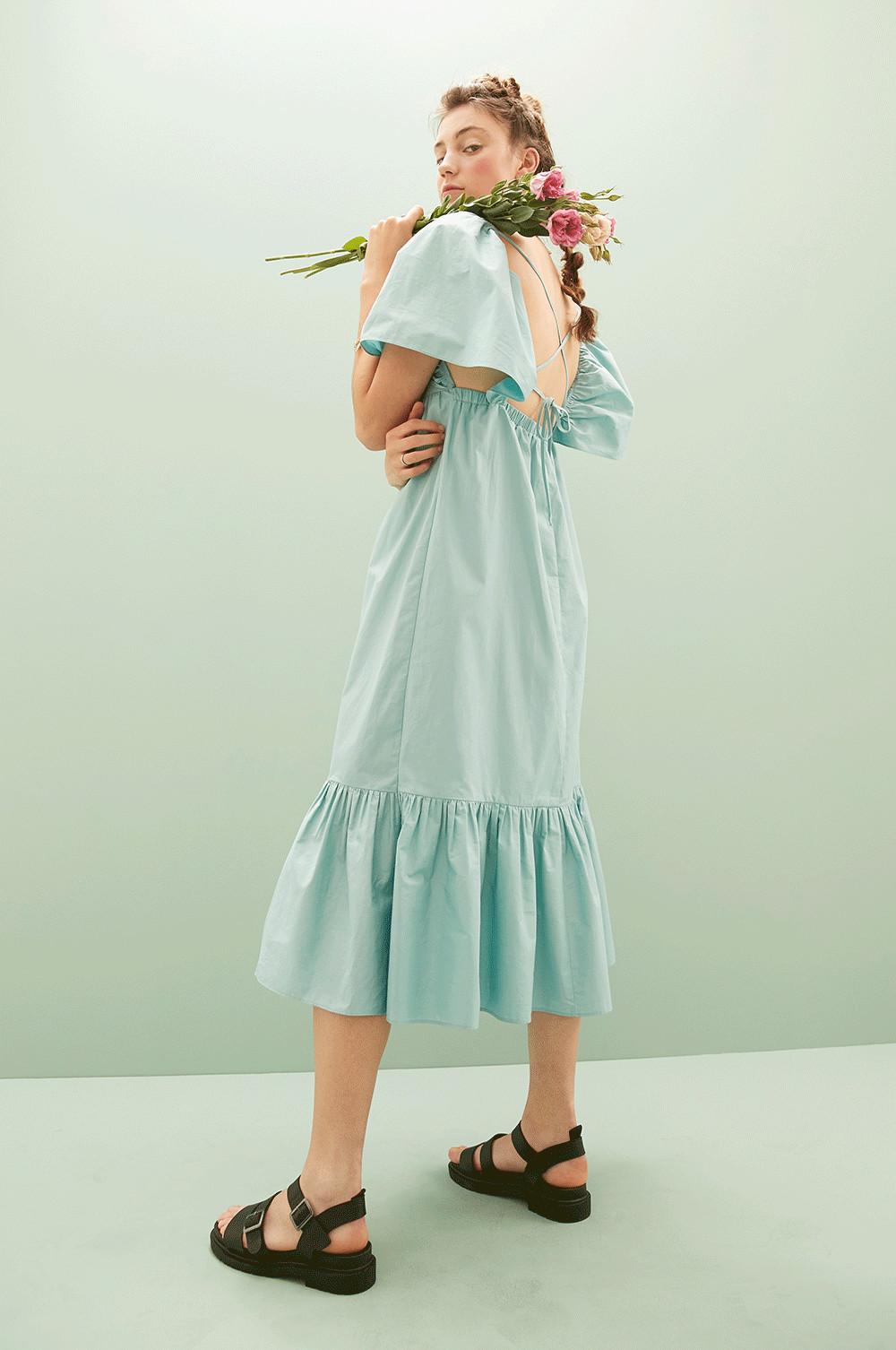 Model wearing teal poplin midi dress