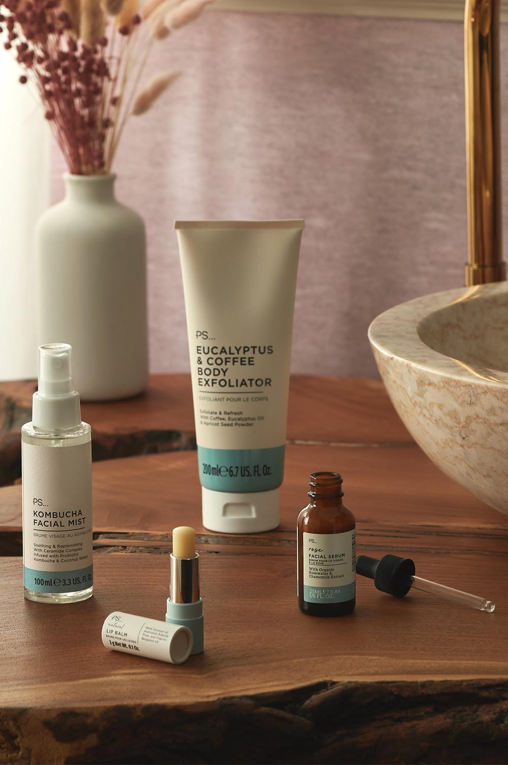 Exfoliator, facial mist, facial serum and lip balm