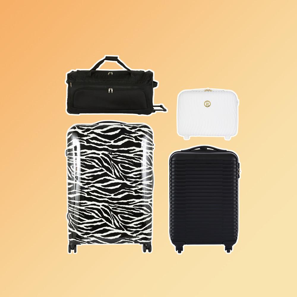 La colección de maletas y equipaje incluye una bolsa de viaje con ruedas negra, una maleta con estampado de cebra, un neceser blanco y una maleta rígida acanalada negra.