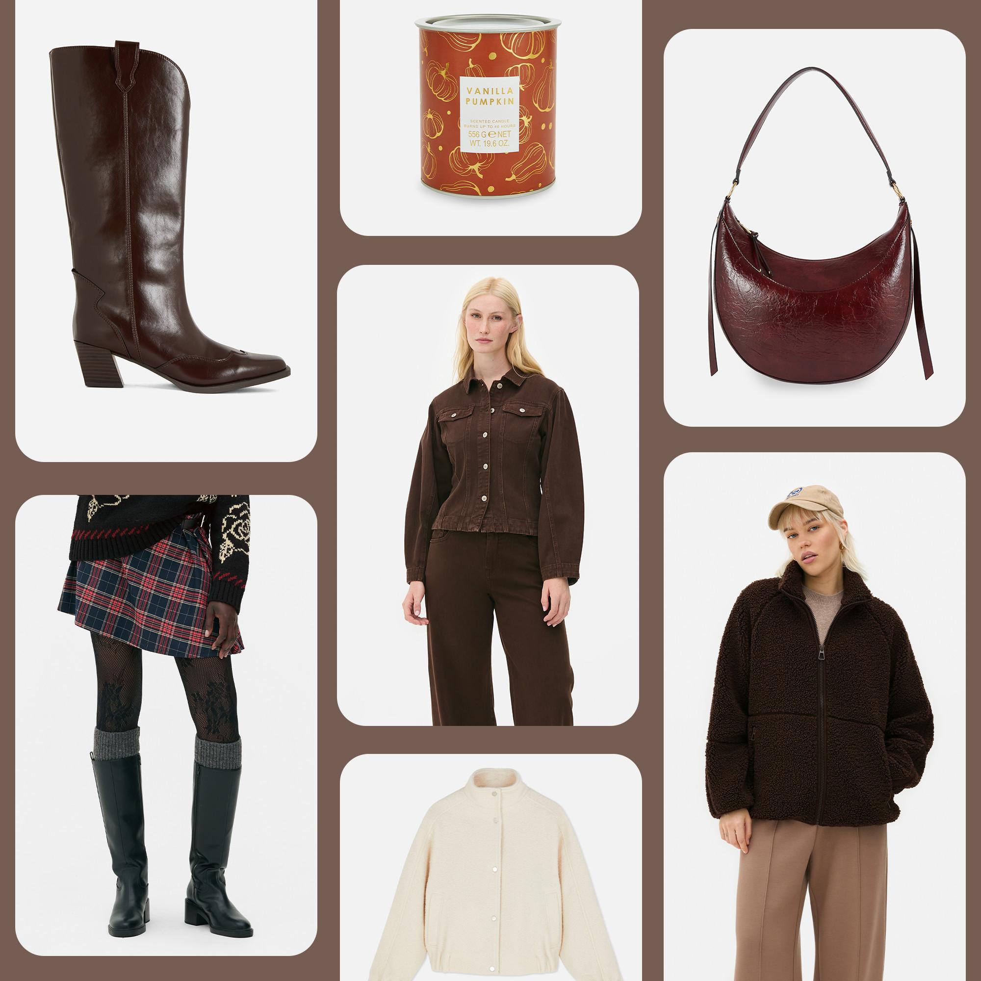 Collection of autumn fashion items including brown leather boots, vanilla pumpkin candle, burgundy handbag, and cosy outerwear.