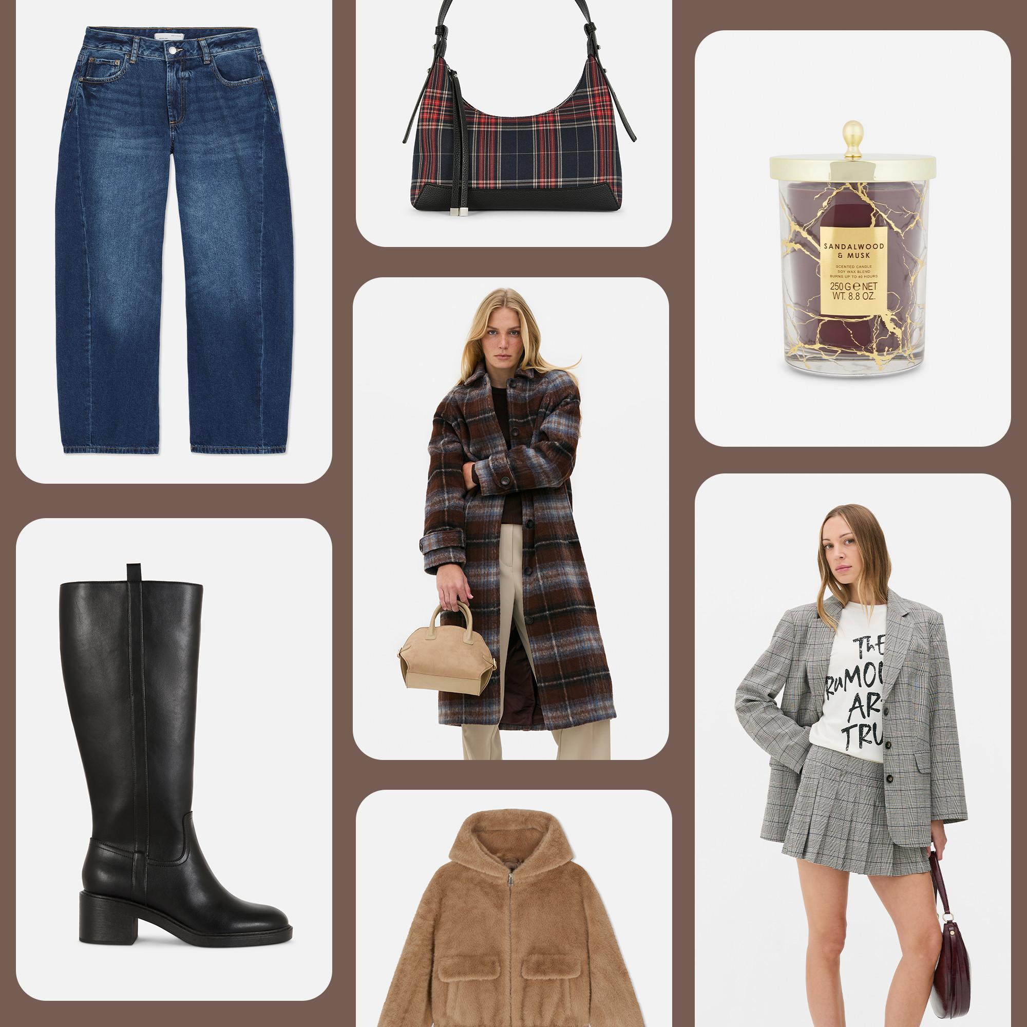 Collection of fashion items including blue jeans, plaid handbag, scented candle, black boots, coat, and grey check blazer with matching skirt.