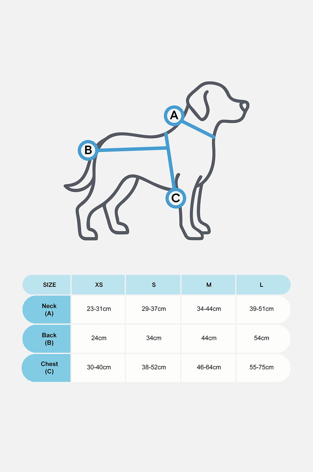 Größentabelle für Hunde mit den Messpunkten A, B und C sowie den entsprechenden Maßen für die Größen XS, S, M und L.