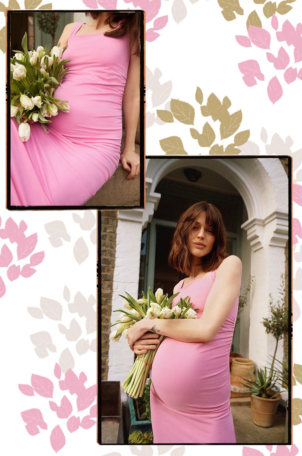 Model wears pink midi dress, while holding a bunch of white tulips