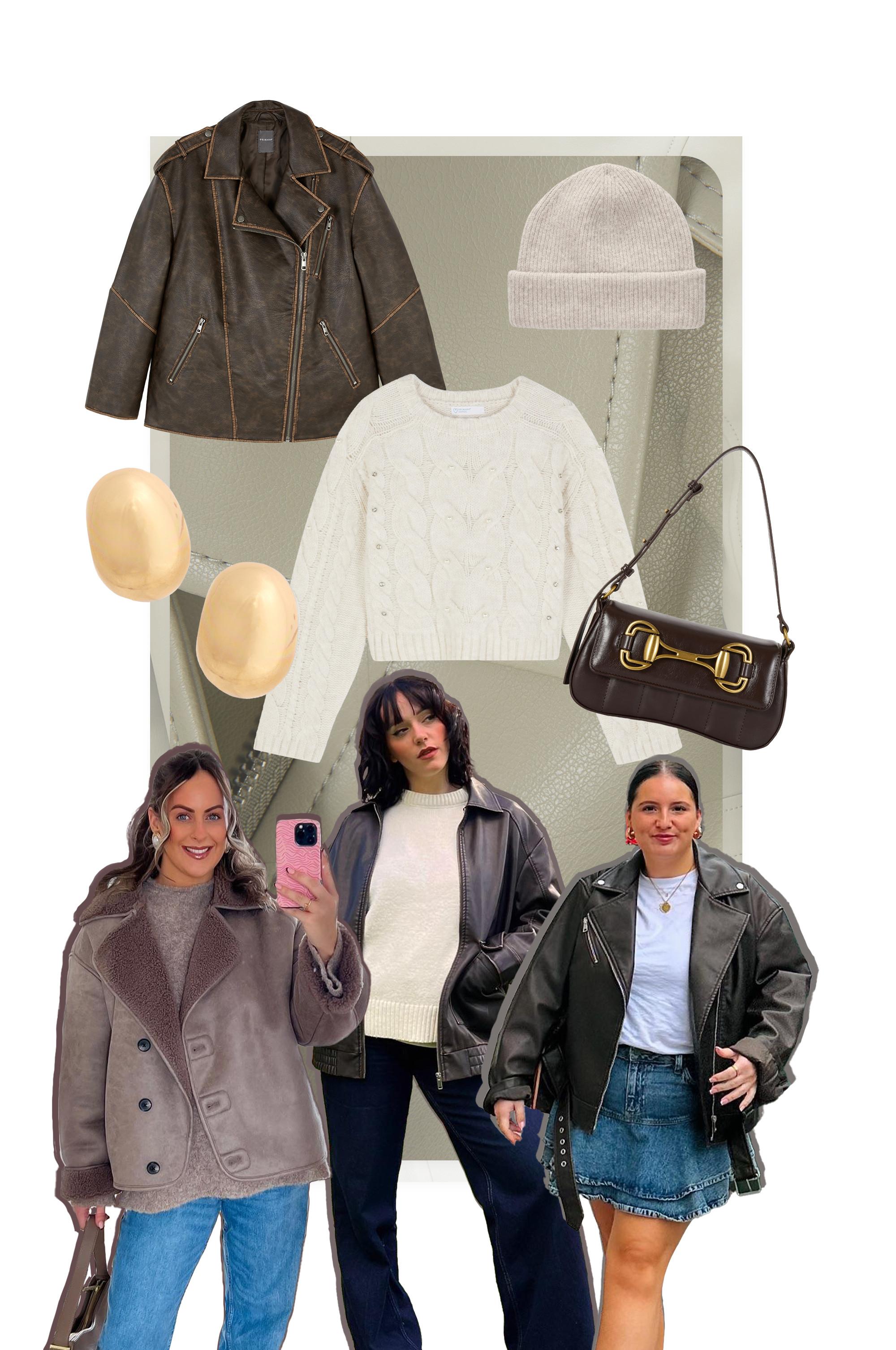 Collage di moda con giacca di pelle marrone, maglione a trecce panna, berretto panna, orecchini a bottone a cupola dorati e borsa marrone con chiusura dorata. Tre modelle che indossano giacche in stile biker e completi invernali.