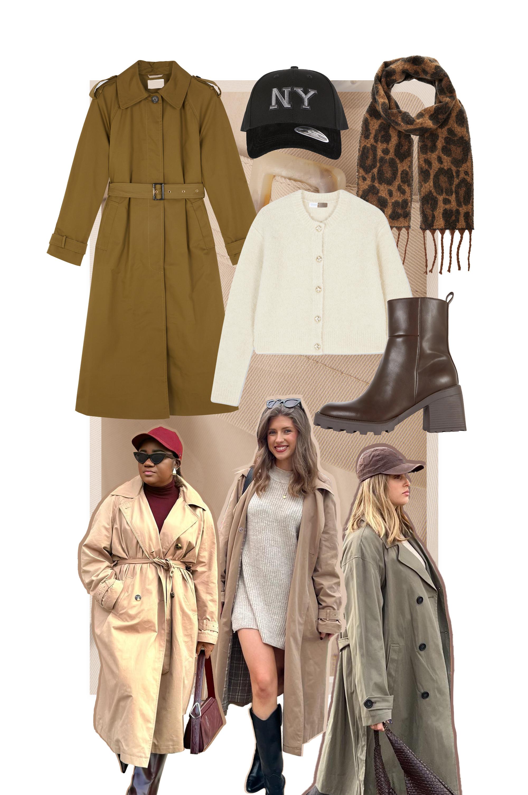 Collage di moda con trench, cardigan panna, cappellino da baseball NY, sciarpa con stampa leopardata e stivali marroni con tacco. Tre modelle che indossano trench.