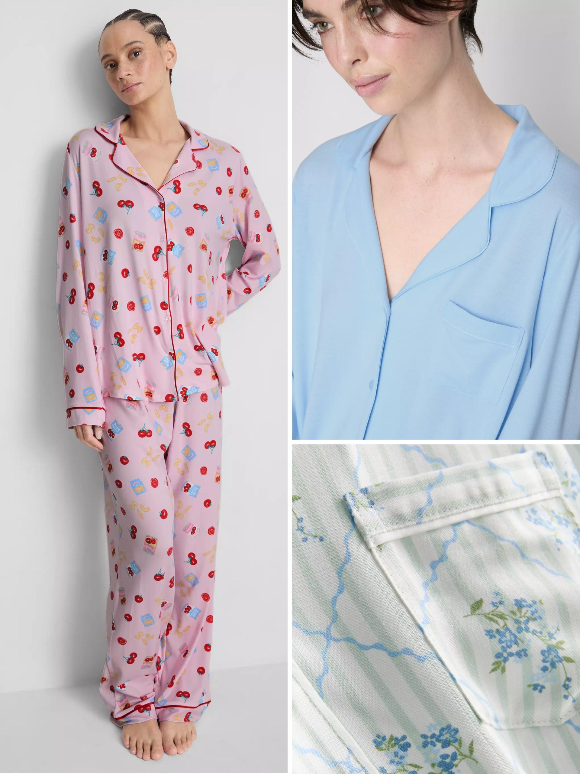 Collection of pyjama styles featuring pink cherry-print set, light blue top with collar, and floral fabric detail.