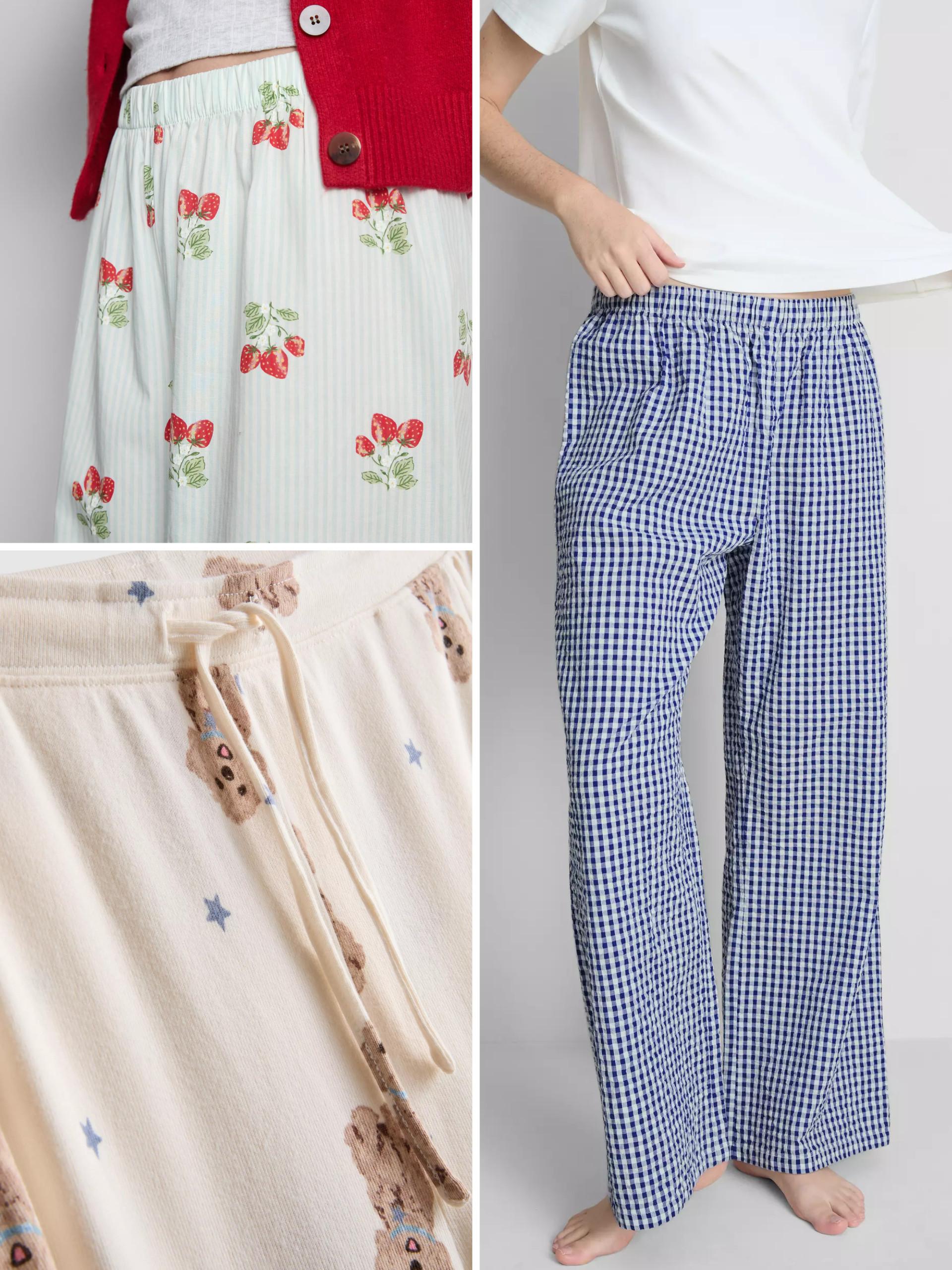 Collection of loungewear featuring teddy bear embroidery on cream fleece, Lilo & Stitch pyjama set, and burgundy long-sleeved top.