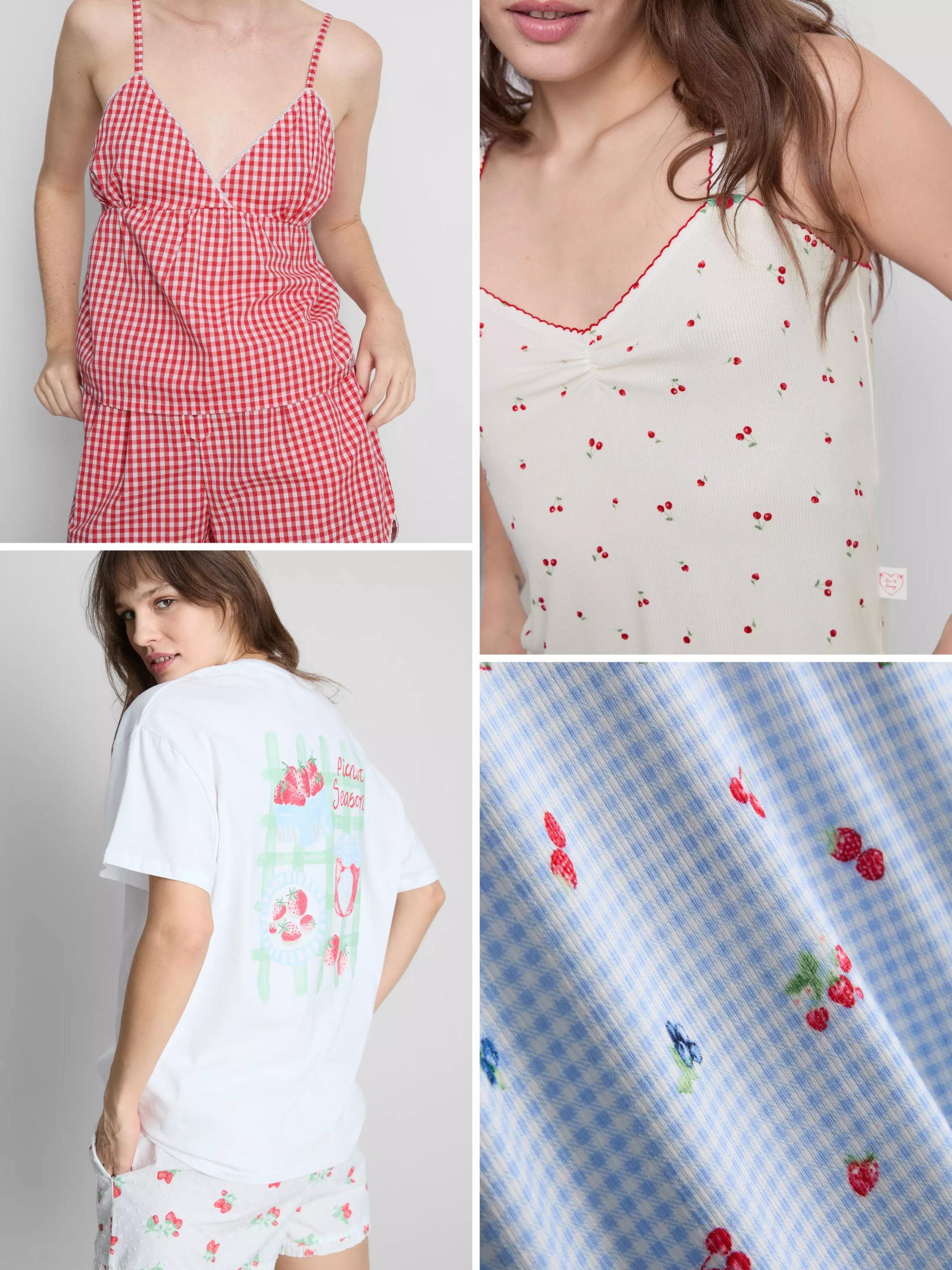 Collection of summer sleepwear featuring red gingham camisole, cherry print top, strawberry graphic t-shirt and blue checked fabric with fruit pattern.