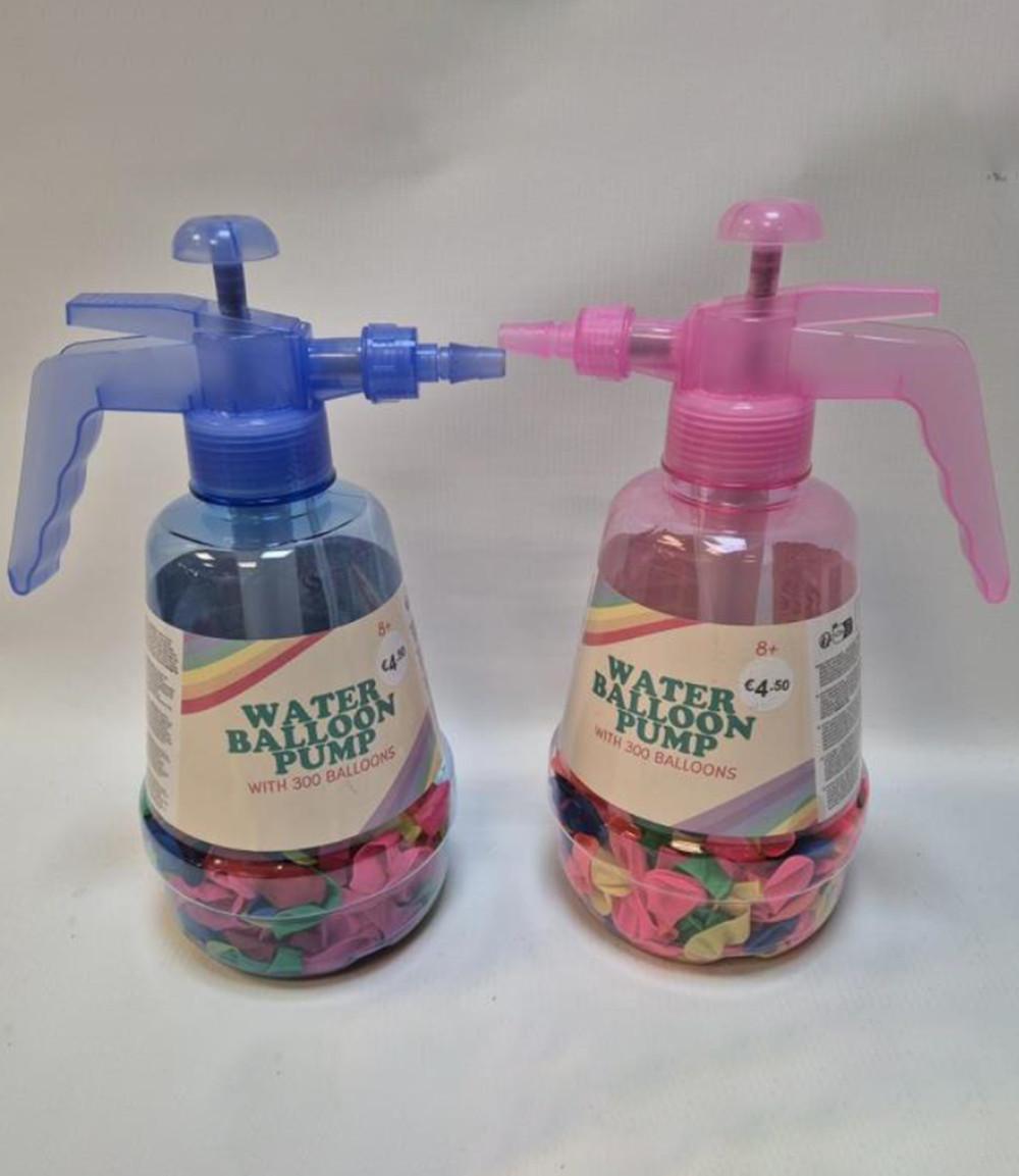 Blue and pink water balloon pumps with 300 colourful balloons included, priced at €4.50 each.