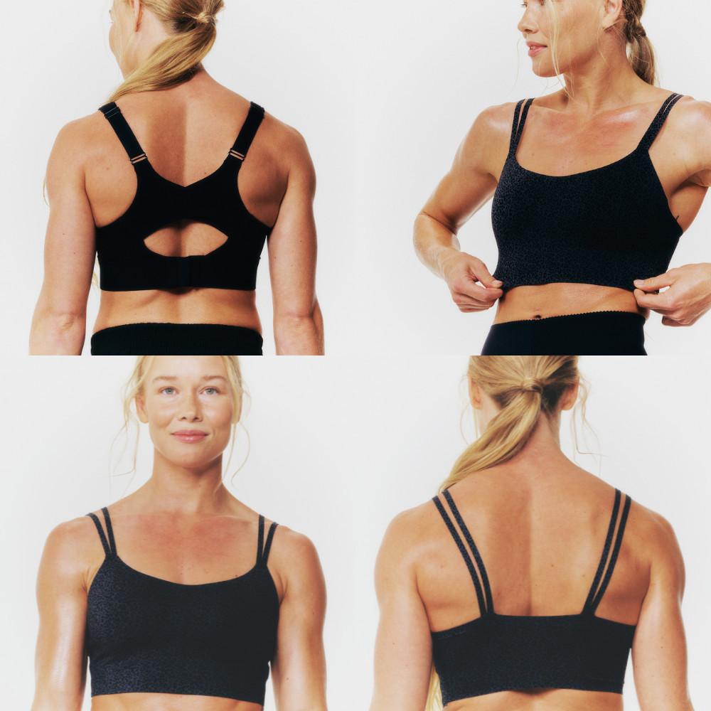 Four views of a black sports bra showing front, back and side angles with adjustable straps.
