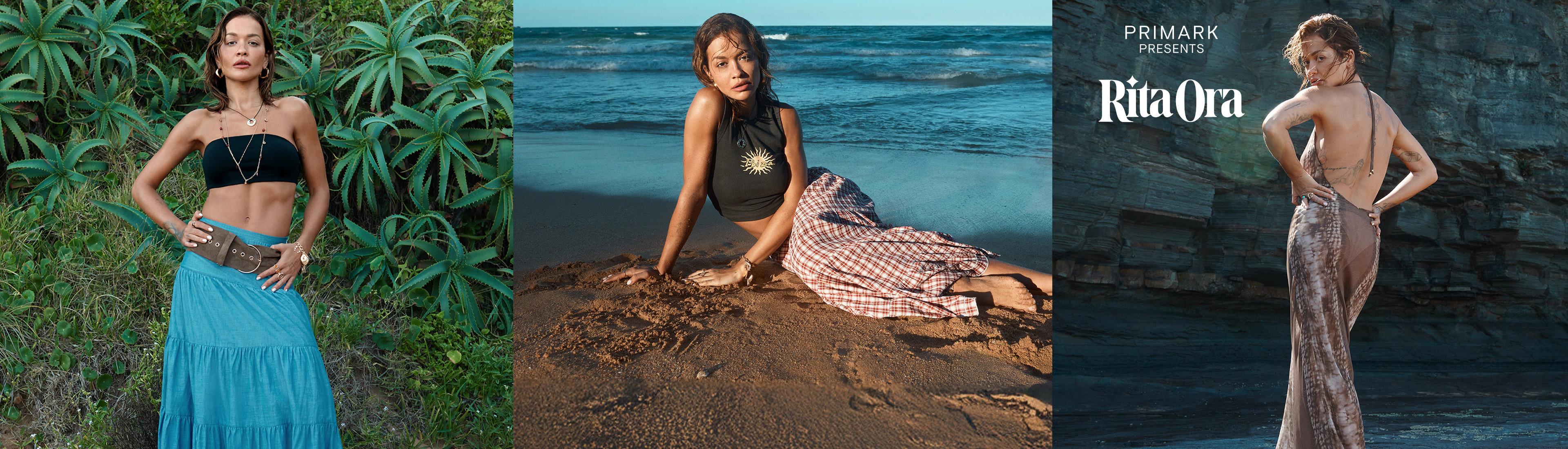Tres imágenes de Rita Ora con faldas largas, vestidos y tops cortos