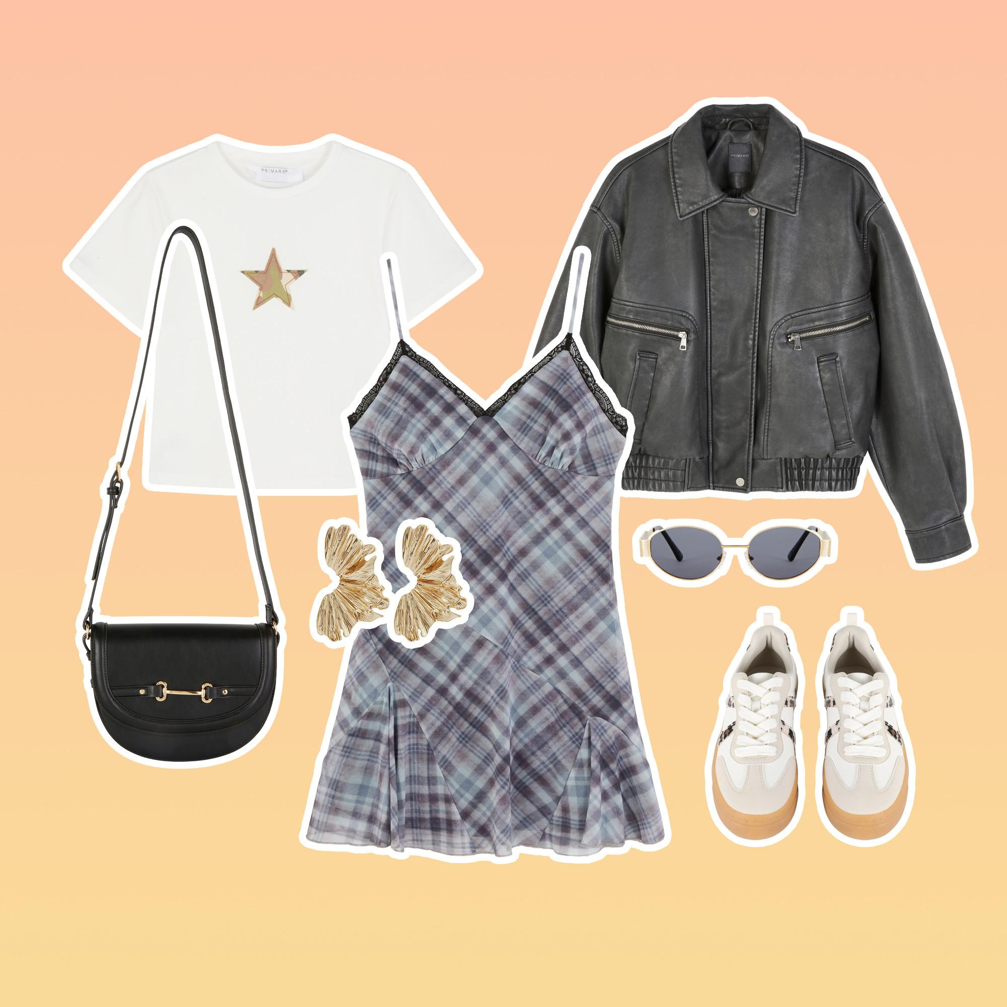 Conjunto formado por camiseta blanca con motivo de estrella, vestido de cuadros escoceses, chaqueta de piel negra, bandolera, zapatillas deportivas blancas y gafas de sol sobre un fondo color melocotón.