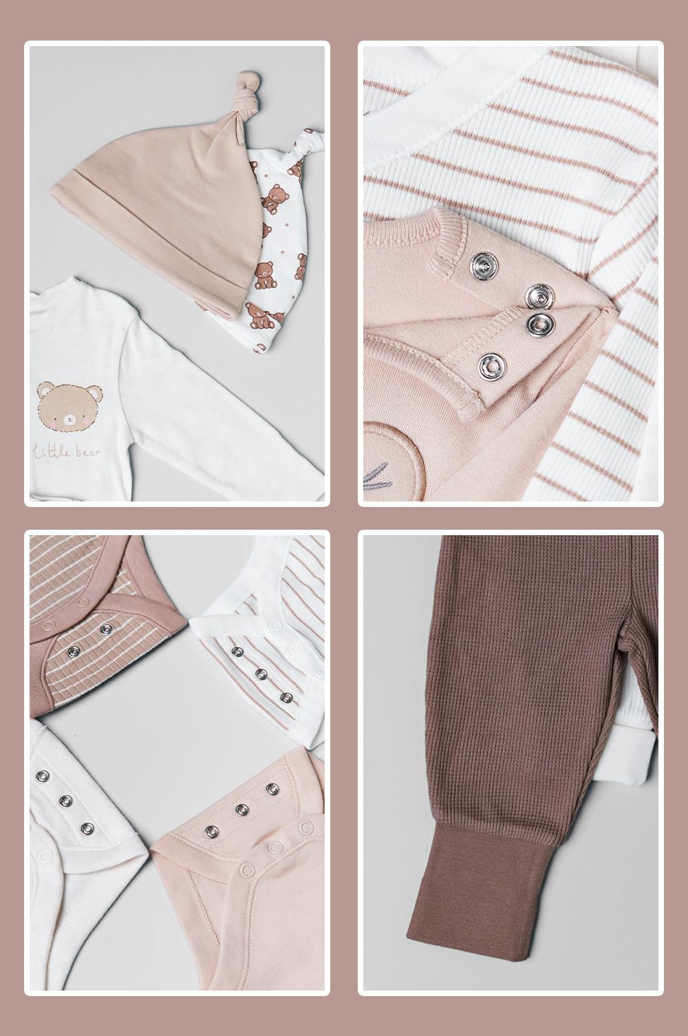 Baby-Kleidungskollektion mit Sachen in zartem Rosa und Weiß und Bärenmotiven, darunter Mützen, Bodys und gerippte Leggings.