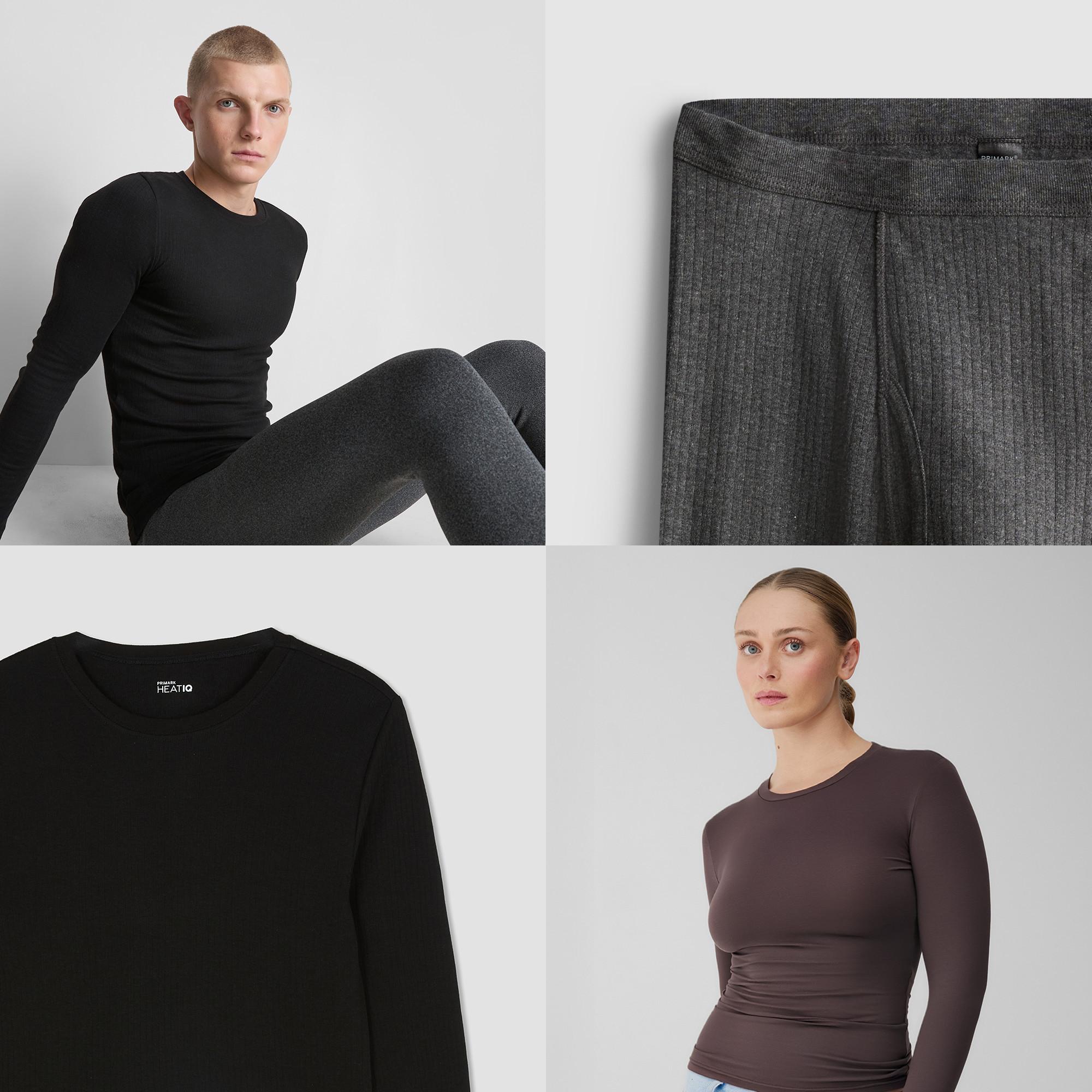 Maglia nera a maniche lunghe e pantaloni termici grigi a costine presentati come un completo e in immagini dettagliate.